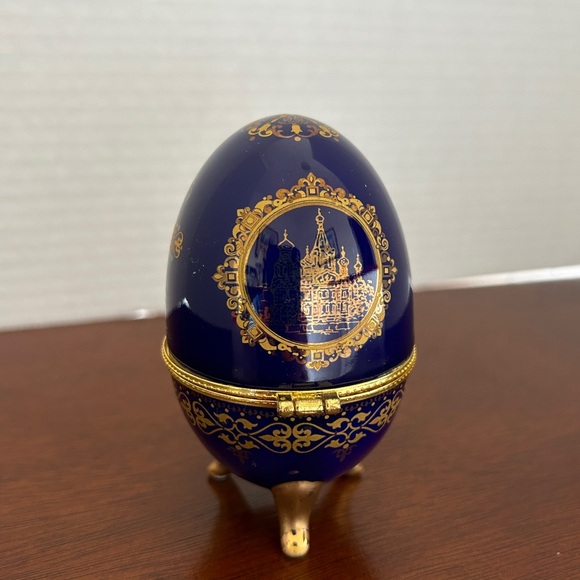 Russion AKM Porcelain Cobalt Blue Gold Egg Shaped Trinket Box Saint Petersburg - Picture 6 of 13
